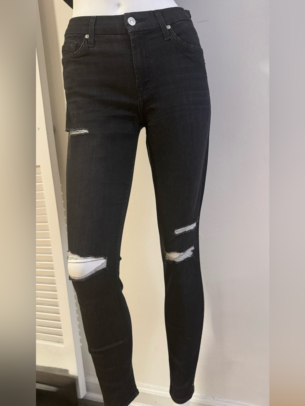 7 For All Mankind B(air) The Ankle Skinny Distressed Black Jeans Size 26